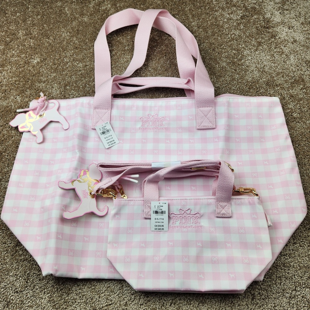 Victoria's Secret PINK x LoveShackFancy Gingham Tote & Crossbody Bag Set NEW